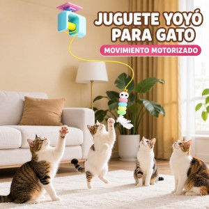 Juguete colgante para gato con movimiento motorizado de subida y bajada, cuerda y accesorio con pluma- Por mayoreo 