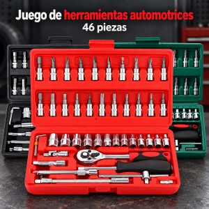 Juego completo de herramientas mecánicas de 46 piezas, incluye matraca, dados, puntas y extensiones. Por mayoreo