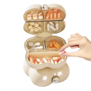 Pastillero portátil con diseño de flor y divisiones interiores para organizar pastillas- Por mayoreo
