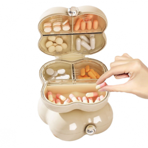 Pastillero portátil con diseño de flor y divisiones interiores para organizar pastillas- Por mayoreo