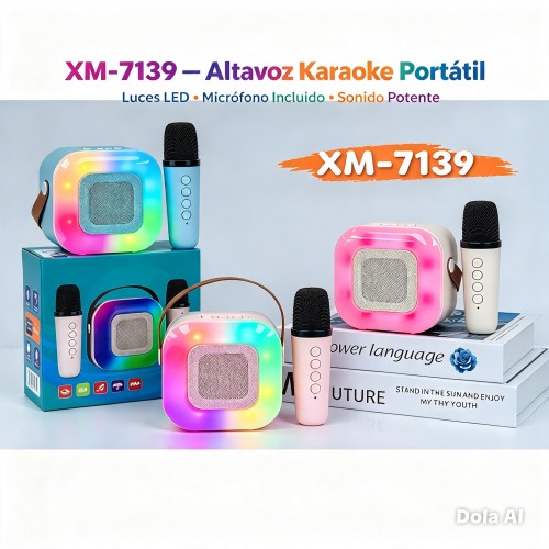 Bocina Portátil Bluetooth con Micrófono Inalámbrico, Luces LED Multicolor, Sonido Estéreo Recargable 1800mAh, Ideal para Karaoke, Fiestas y Reuniones, Mayoreo XM-7319