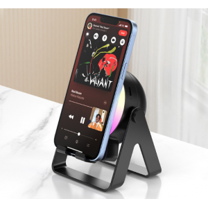 Bocina Bluetooth mini con soporte para celular y luces de colores, ideal para escritorio- Por mayoreo 