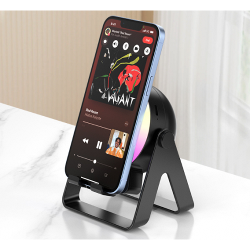 Bocina Bluetooth mini con soporte para celular y luces de colores, ideal para escritorio- Por mayoreo 