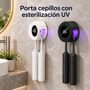 Organiza dos cepillos y dispensa pasta dental con este portacepillos automático de pared con esterilización UV- Por mayoreo 