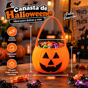 Canasta de Halloween con diseño de calabaza, ideal para recolectar dulces, decorar fiestas temáticas, eventos escolares, hogares, negocios o mesas de temporada.