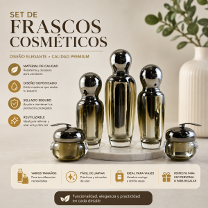Set de frascos cosméticos elegantes para cremas, lociones, esencias y productos de cuidado personal. Diseño moderno, práctico y reutilizable.