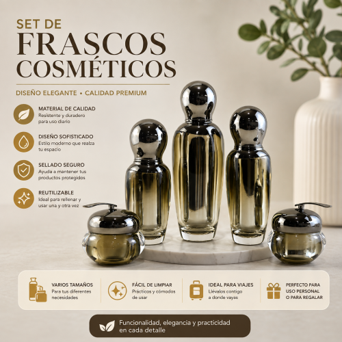 Set de frascos cosméticos elegantes para cremas, lociones, esencias y productos de cuidado personal. Diseño moderno, práctico y reutilizable.