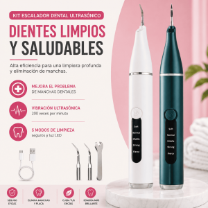 Escalador dental ultrasónico con modos de limpieza, luz LED y accesorios. Ideal para complementar la higiene bucal diaria. Venta por mayoreo.