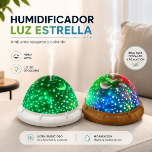 Humidificador luz estrella con niebla suave, LED de colores y diseño decorativo. Ideal para descanso, relajación y ambientes interiores. Venta por mayoreo.