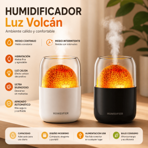 Humidificador luz volcán con modo continuo e intermitente, niebla fina, luz cálida decorativa y alimentación USB. Venta por mayoreo.