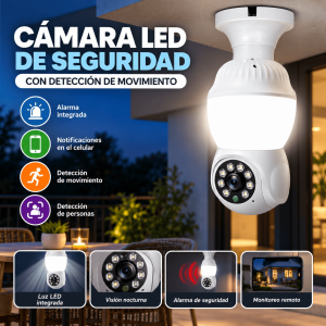 Cámara WiFi tipo bombilla con luz LED integrada, detección de movimiento, visión nocturna y monitoreo remoto desde celular. Instalación sencilla. Venta por mayoreo.