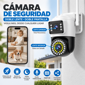 Cámara WiFi de doble lente con visión nocturna a color, detección de movimiento, audio bidireccional y monitoreo remoto desde el celular. Venta por mayoreo.