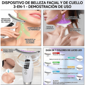 Masajeador Facial y de Cuello 7 Colores LED - Dispositivo de Belleza con Luz Roja Verde Azul - Reafirmante y Relajante - Recargable