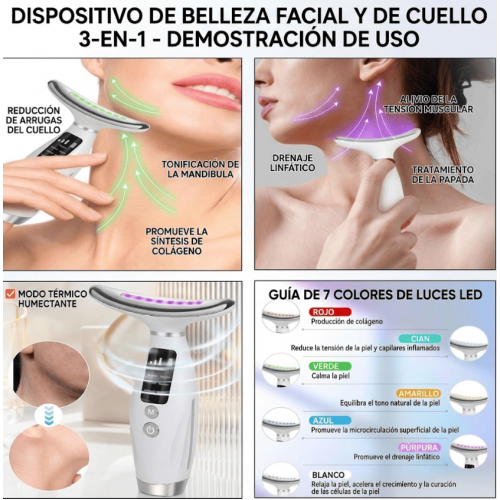 Masajeador Facial y de Cuello 7 Colores LED - Dispositivo de Belleza con Luz Roja Verde Azul - Reafirmante y Relajante - Recargable