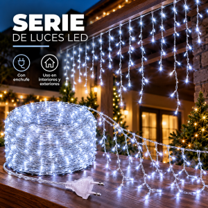 Serie de luces LED tipo cortina de  luz fría y conexión con enchufe. Ideal para decoración del hogar y eventos. Venta por mayoreo.
