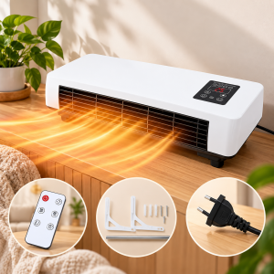 Calefactor eléctrico compacto con panel digital, control remoto y accesorios para instalación en pared. Ideal para espacios interiores. Venta por mayoreo.