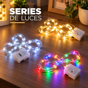 Series de luces LED con caja para pilas. Disponibles en luz fría, cálida y multicolor. Ideales para decoración del hogar y eventos. Venta por mayoreo.