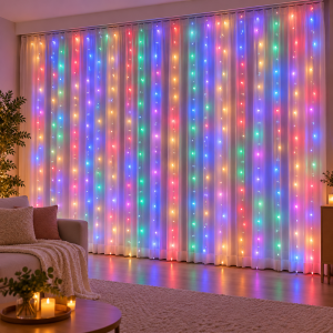 Cortina LED multicolor con tiras verticales de luces, ideal para decorar ventanas, muros, eventos y espacios interiores.