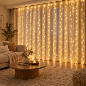 Cortina LED de luz cálida con tiras verticales de iluminación, ideal para decorar ventanas, muros y espacios interiores.