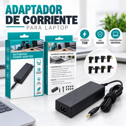 Adaptador de corriente de 70W para laptop con conectores intercambiables, ideal para diferentes equipos compatibles. Diseño práctico para hogar, oficina, negocio Adaptador de corriente de 70W para laptop con conectores intercambiables, ideal para diferentes equipos compatibles. Diseño práctico para hogar, oficina, negocio