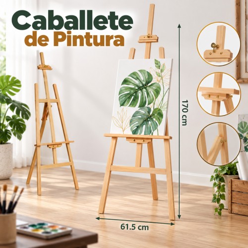 Caballete de madera ajustable para pintura y exhibición de lienzos. Estructura resistente de 170 cm de altura- Por mayoreo 