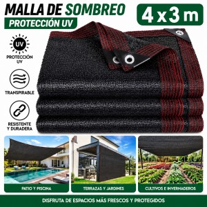 Malla de sombreo 4x3 m con protección UV, bordes reforzados y ojales para una instalación fácil en exteriores- Por mayoreo 