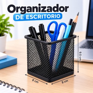 Organizador de escritorio de malla metálica resistente con medidas de 8 × 8 × 9.5 cm. Ideal para lápices, bolígrafos y accesorios de oficina- Por mayoreo