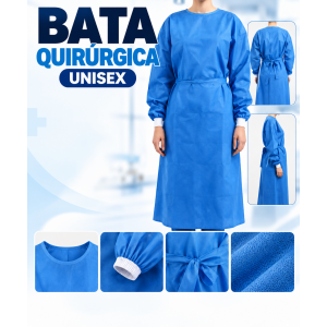 Bata quirúrgica desechable unisex de manga larga, diseñada para brindar cobertura durante actividades médicas, clínicas, estéticas, de laboratorio o de cuidado profesional.