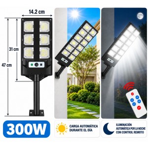 Luz Solar LED para Exteriores 300W 2 en 1 con Panel Integrado, Control Remoto y Encendido Automático del Anochecer al Amanecer - Por mayoreo 