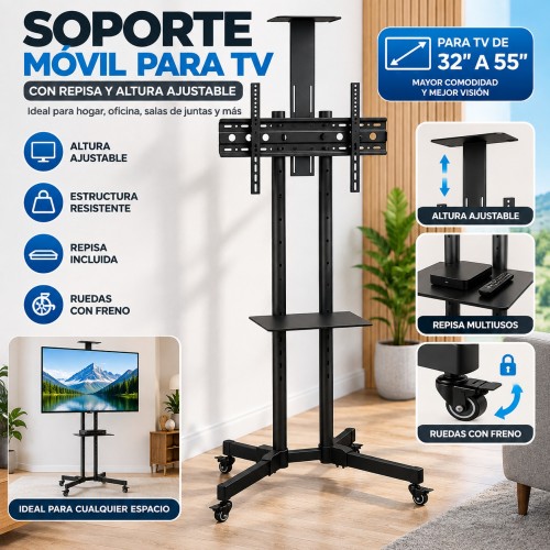Soporte móvil para pantalla de 32 a 75 pulgadas con ruedas, altura ajustable y base metálica resistente, Mayoreo 17651-1 