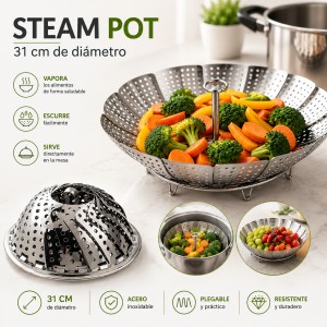 Steam Pot de acero inoxidable de 31 cm, plegable y práctico para vaporar, escurrir y servir alimentos- Por mayoreo 