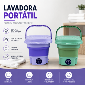Lavadora portátil de diseño compacto y plegable, ideal para lavar prendas pequeñas en espacios reducidos. Fácil de transportar, guardar y utilizar en el hogar, viajes o departamentos.