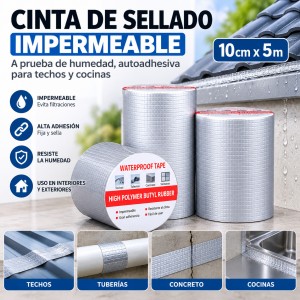 Cinta de sellado impermeable y autoadhesiva de 10 cm x 5 m, ideal para techos, cocinas y reparaciones contra humedad - Por mayoreo 