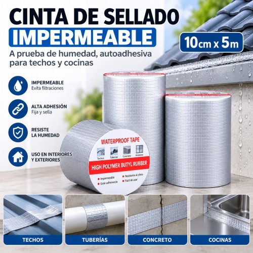 Cinta de sellado impermeable y autoadhesiva de 10 cm x 5 m, ideal para techos, cocinas y reparaciones contra humedad - Por mayoreo 