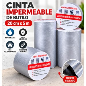 Cinta impermeable de caucho butílico de 20 cm x 5 m, ideal para sellar, reparar y proteger diferentes superficies- Por mayoreo