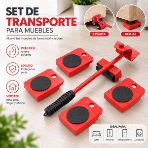 Juego para mover muebles pesados. Incluye elevador y 4 bases con ruedas anti-deslizantes. Fácil de usar, ideal para casa, oficina y mudanzas. Venta por mayoreo