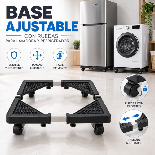 Soporte metálico ajustable con ruedas y frenos. Ideal para lavadoras, refrigeradores o secadoras. Resistente, estable y fácil de mover. Venta por mayoreo 34142-118 Soporte metálico ajustable con ruedas y frenos. Ideal para lavadoras, refrigeradores o secadoras. Resistente, estable y fácil de mover. Venta por mayoreo 34142-118