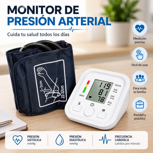 Tensiómetro digital de brazo con brazalete ajustable (22-32 cm). Pantalla LCD de gran tamaño, medición automática y precisa de presión arterial y pulso. Venta al por mayor 