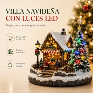 Villa navideña decorativa con escena invernal, figuras, casita y luces LED multicolor. Ideal para crear un ambiente cálido y festivo en hogares, negocios y exhibiciones de temporada.