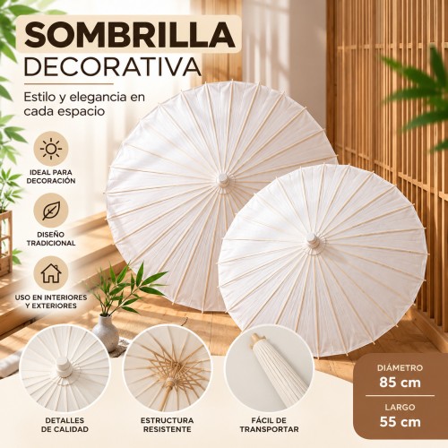 Sombrilla decorativa blanca de 85 cm de diámetro y 55 cm de largo, ideal para eventos, decoración y fotografías- Por mayoreo Sombrilla decorativa blanca de 85 cm de diámetro y 55 cm de largo, ideal para eventos, decoración y fotografías- Por mayoreo