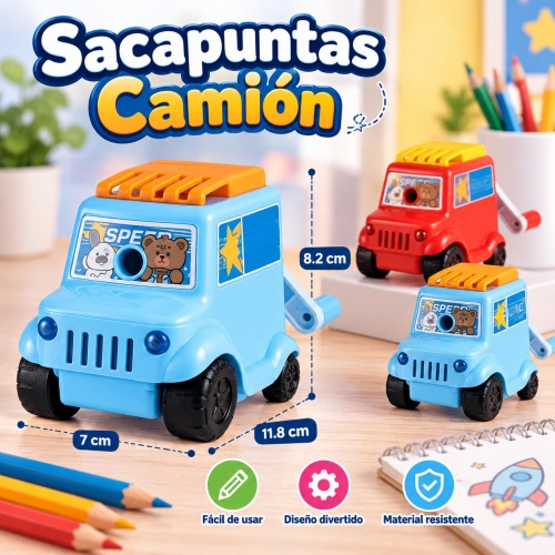 Sacapuntas con diseño de camión, manivela de fácil uso y depósito recolector de residuos- Por mayoreo Sacapuntas con diseño de camión, manivela de fácil uso y depósito recolector de residuos- Por mayoreo