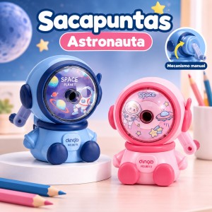 Sacapuntas con diseño de astronauta, manivela de fácil uso y depósito recolector de residuos- Por mayoreo