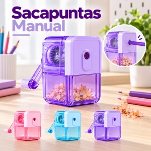 Sacapuntas manual con depósito para residuos, diseño compacto y fácil de usar. Ideal para escuela, oficina y hogar- Por mayoreo 