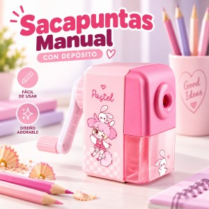 Sacapuntas manual con depósito recolector, diseño infantil y manivela de fácil uso- Por mayoreo