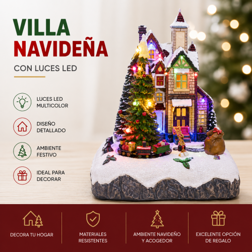 Villa navideña decorativa con edificio, árbol de Navidad, figuras, nieve decorativa y luces LED de colores. Ideal para ambientar hogares, negocios, vitrinas y espacios de temporada.