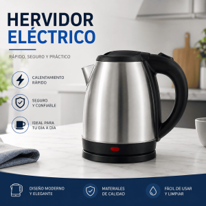 Hervidor eléctrico práctico y moderno para calentar agua de manera sencilla. Cuenta con diseño metálico, asa ergonómica y base eléctrica, ideal para cocina, hogar, oficina o negocio.