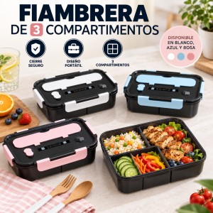 Fiambrera de 3 compartimentos, práctica y portátil para llevar comida organizada al trabajo, escuela o viaje 1500ml- por mayoreo 