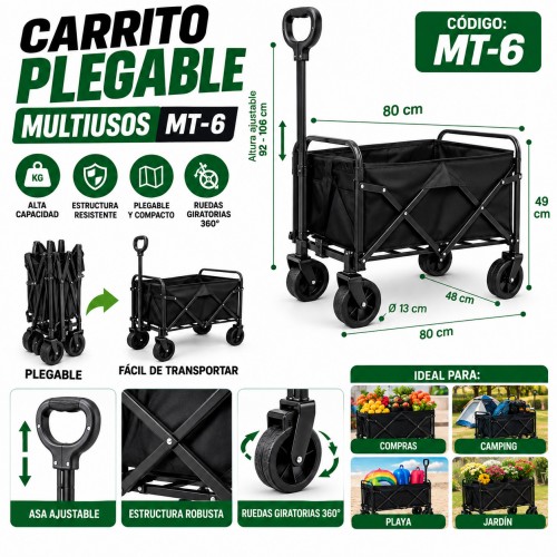 Carrito Plegable Multiusos MT-6 con Estructura de Acero y Ruedas Giratorias 360°- por mayoreo