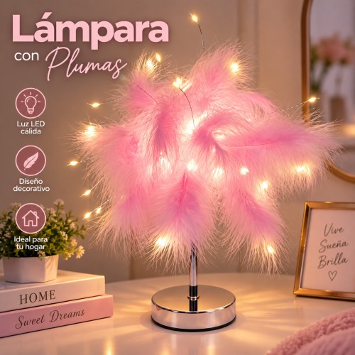 Lámpara de mesa con poste plateado y plumas modelo USB 28*30cm - Por mayoreo Lámpara de mesa con poste plateado y plumas modelo USB 28*30cm - Por mayoreo