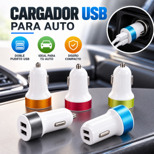 Cargador compacto para automóvil con doble puerto USB, ideal para conectar y cargar dispositivos compatibles durante tus trayectos.